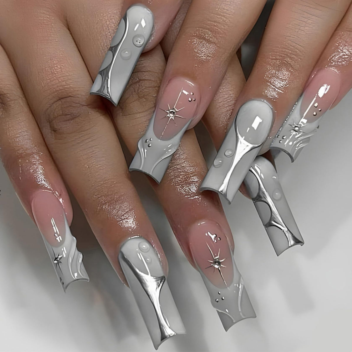 Long Square Press on Nails Bling Gold Chain & Crystal Nails,Fake Nails Artificial Stick on Nails for Women, Nude Pink Glam Prom Wedding Nails with Diamonds