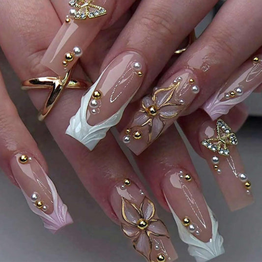 24Pcs Long Square Nude Pink White Nails Press ons Pearl Gold Flower Fake Nails Elegant False Nails Bridal Nails Glue on Luxurious Stick on Nails Casual Work for Girl Women Wedding Formal Occasions