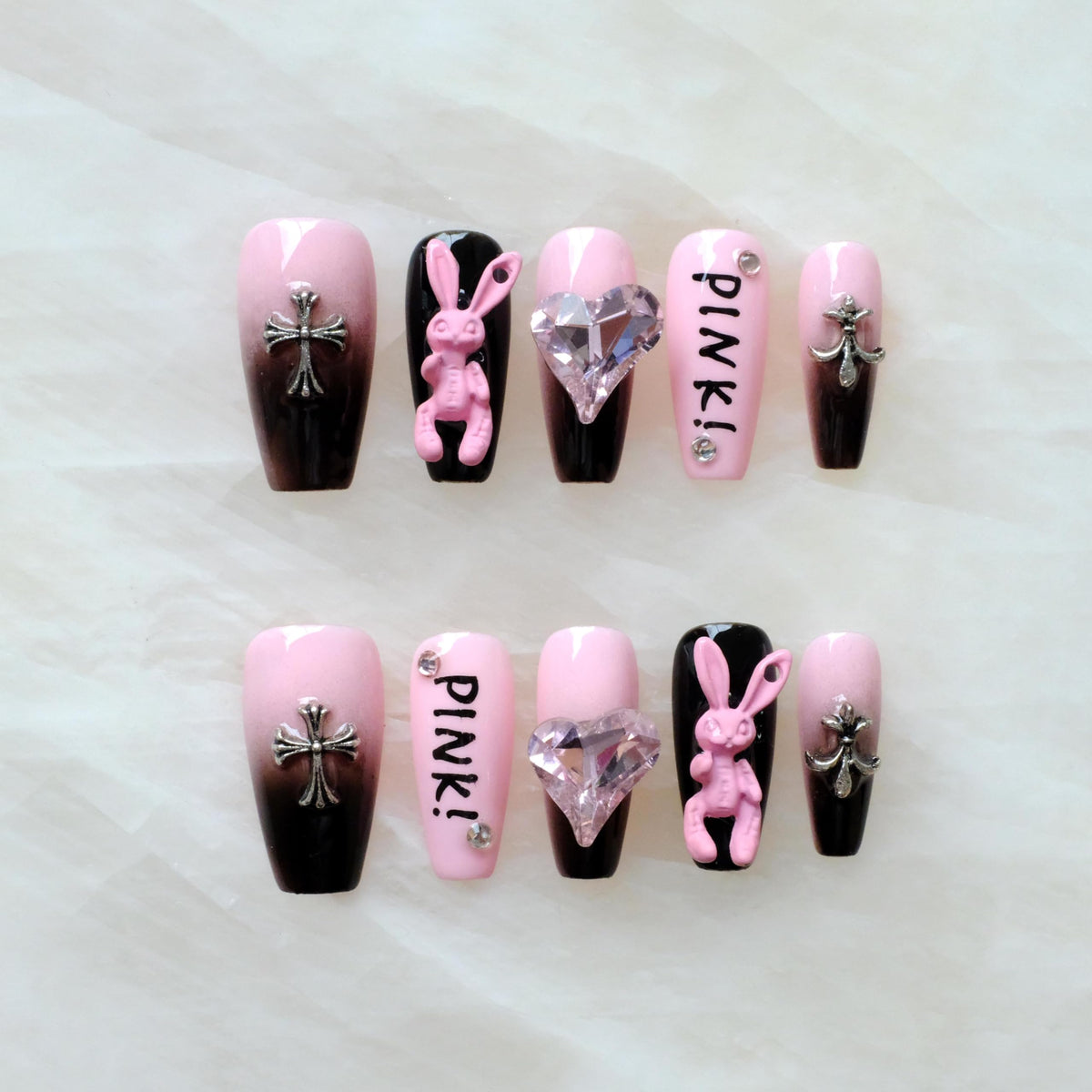 Luxury Handmade Press On Nails, Vintage Bohemian Style, Long Stiletto Shape, Crystal Heart Gems, Gold Stars Design, 10 Pieces (Large, LS)