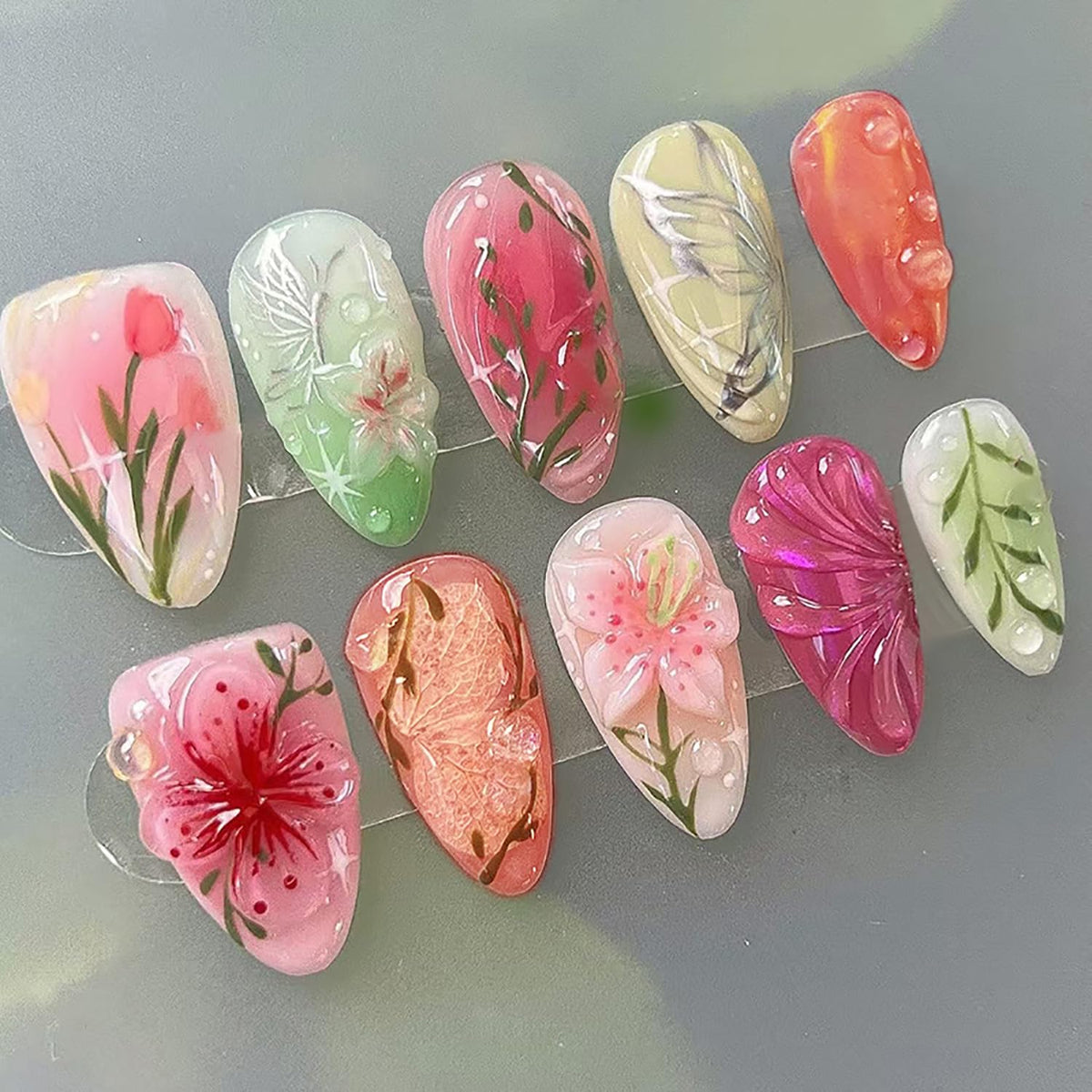 24Pcs White French Tip Press on Nails Medium Almond Fake Nails with Silver Rhinestones with Nude Pink Full Cover Glue on Nails French Designs 3D Flower False Nails Cute Spring Stick on Nails for Women