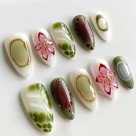 Press on Nails Medium Almond - 3D Red Hibiscus Flower Olive Green Fake Nails, Jade Agate Retro Stick on False Nails for Women & Girls, 30 Pcs