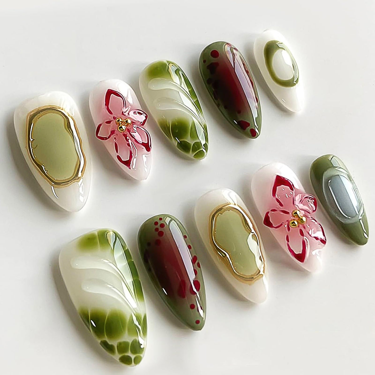 Press on Nails Medium Almond - 3D Red Hibiscus Flower Olive Green Fake Nails, Jade Agate Retro Stick on False Nails for Women & Girls, 30 Pcs