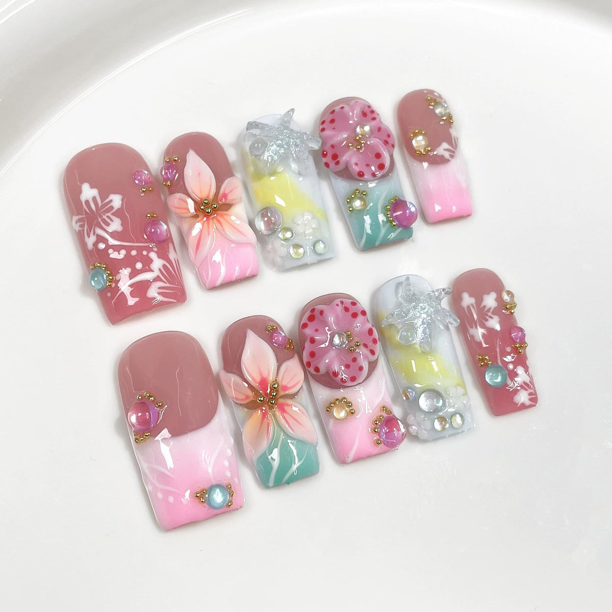 Luxury Handmade Press on Nails Medium Square Fake Nails Blue French False Nails with Ombre 3D Flower Art Design Acrylic Nails Handmade Stick on Nail for Women Manicure 10Pcs (Size M)