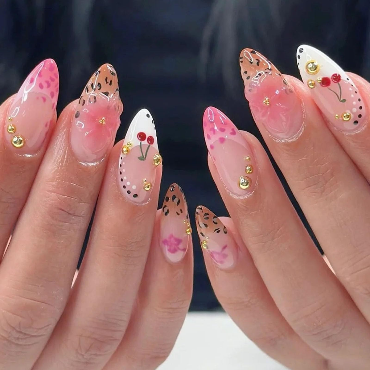Spring Press on Nails Almond Medium Fake Nails with White Flower Designs French Tip Nails Press ons Light Green False Nails Glossy Glue on Nails Acrylic Nails Nude Stick on Nails for Women 24Pcs