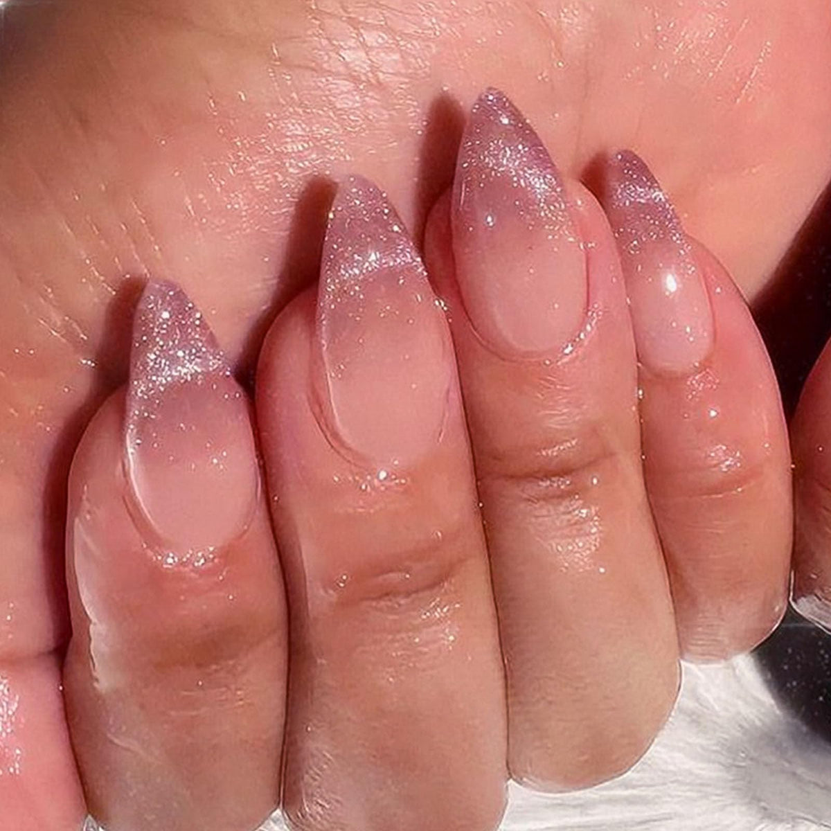 French Tip Press on Nails Almond Medium Fake Nails with Chrome Glitter Designs Nails Press ons Pink Gold Glue on Nails Natural False Nails Glossy Artificial Nails Simple Stick on Nails for Women 24Pcs