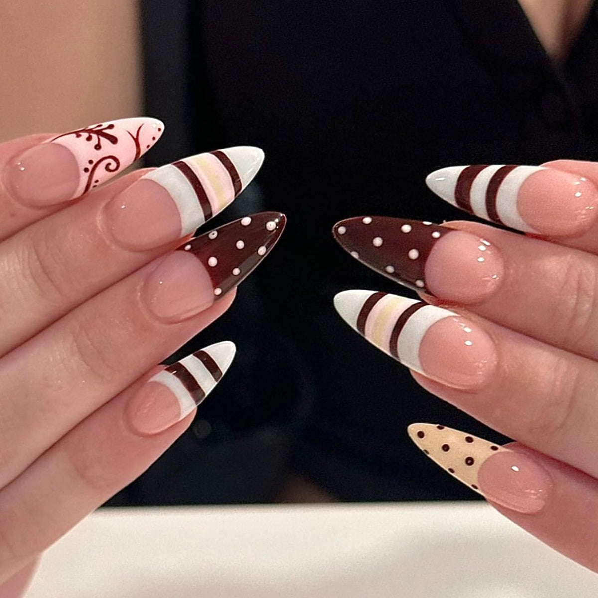 Black French Tip Press On Nails Almond Stiletto, Nude Glossy Fake Nails