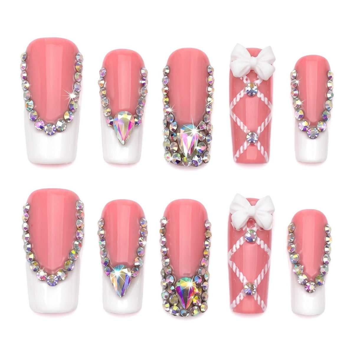 xl Luxury Press on Nails Long Handmade Square Acrylic False Nails French Tip with Bow Rhinestones Designs Fake Stick on Nails for Women Wedding Prom Party Manicure 10Pcs(Size M)