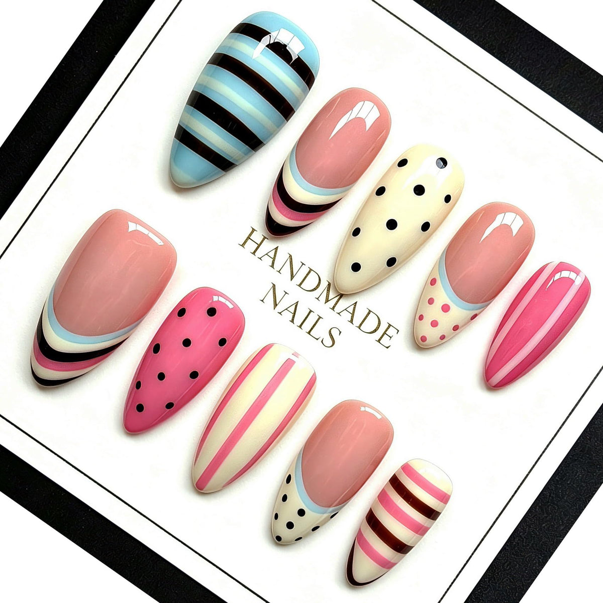 Handmade Almond Press on Nails, Abstract 3D Floral Gold, 10Pcs