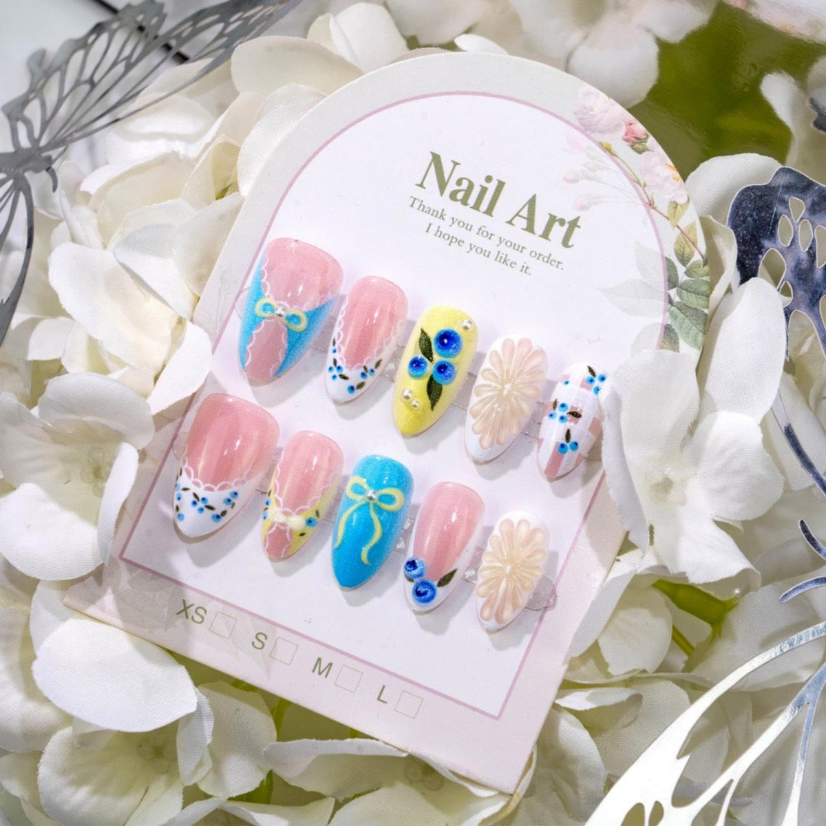 3D Handmade Pink Flower Press on Nails Blue French Tip Almond Fake Nails with Gold Metal Charms Luxury Reusable Full Cover Pink Acrylic Nails Press on for Women 24Pcs