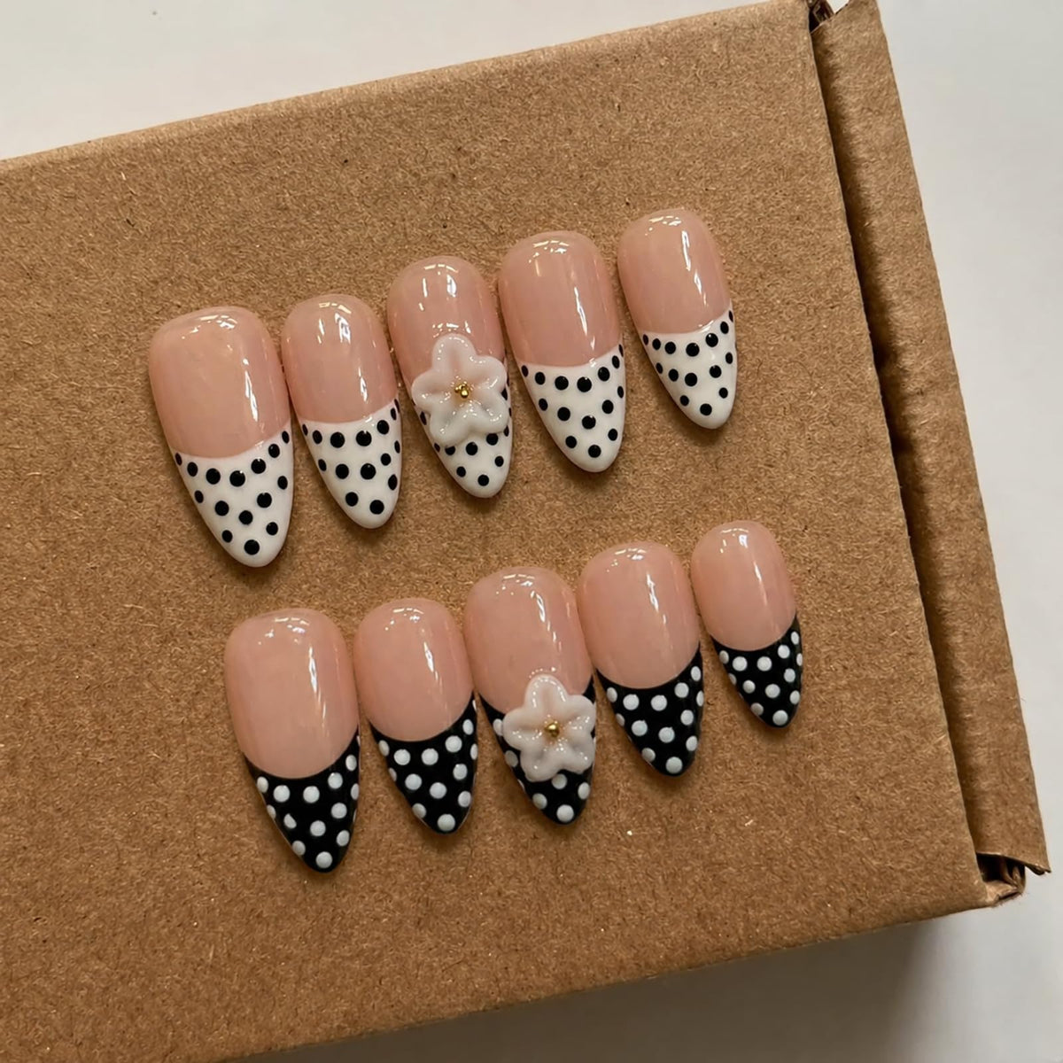 Handmade Almond Press on Nails Medium, Nude White French Tip Fake Nails with 3D White Flower Gold Metal Lines Pearl Decor, Glossy Reusable Full Cover False Nails for Women Wedding Daily(S)