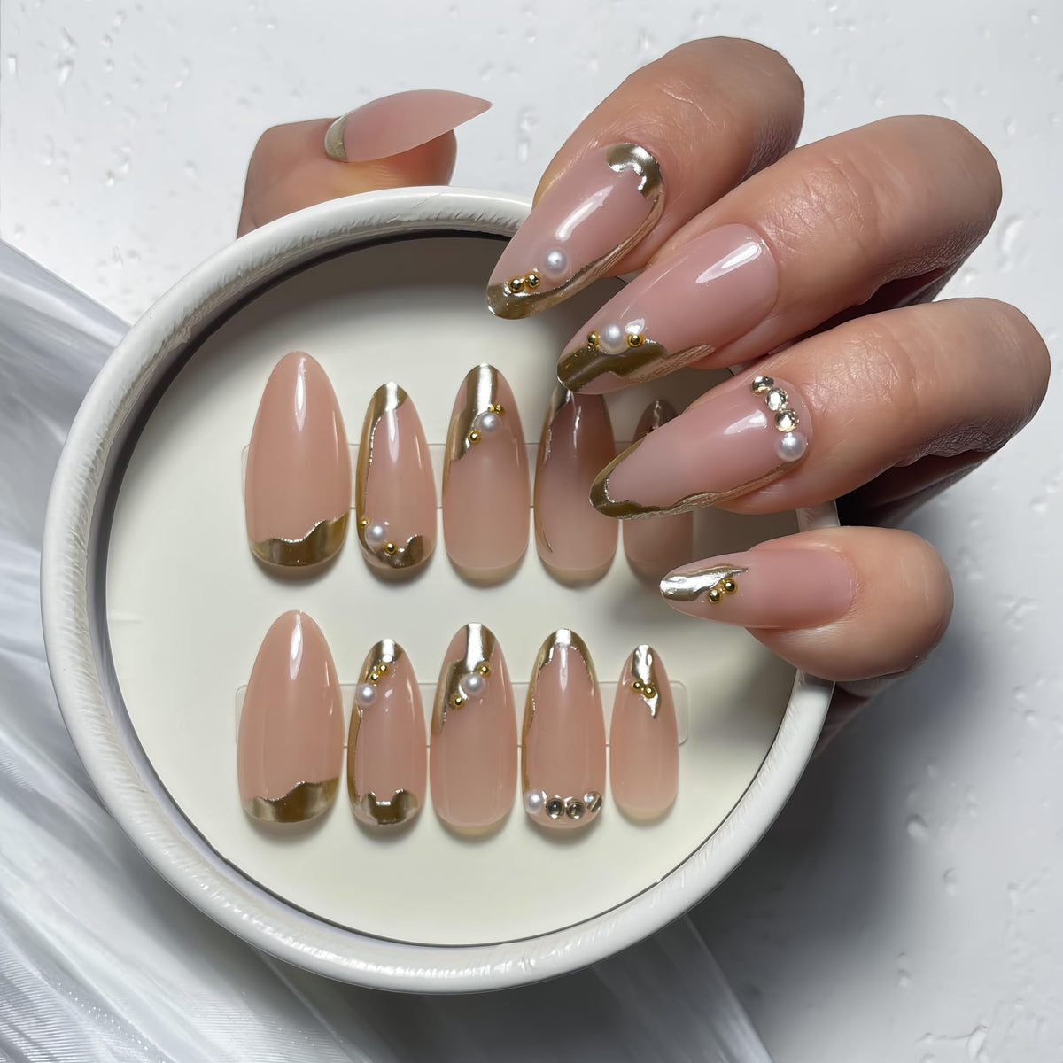 Nude Pearl Gold French Press on Nails Medium Almond Fake Nails Kit 24PCS
