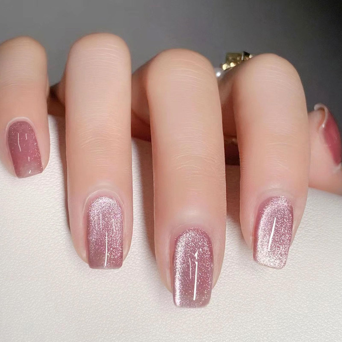 French Tip Press on Nails Almond Medium Fake Nails with Chrome Glitter Designs Nails Press ons Pink Gold Glue on Nails Natural False Nails Glossy Artificial Nails Simple Stick on Nails for Women 24Pcs