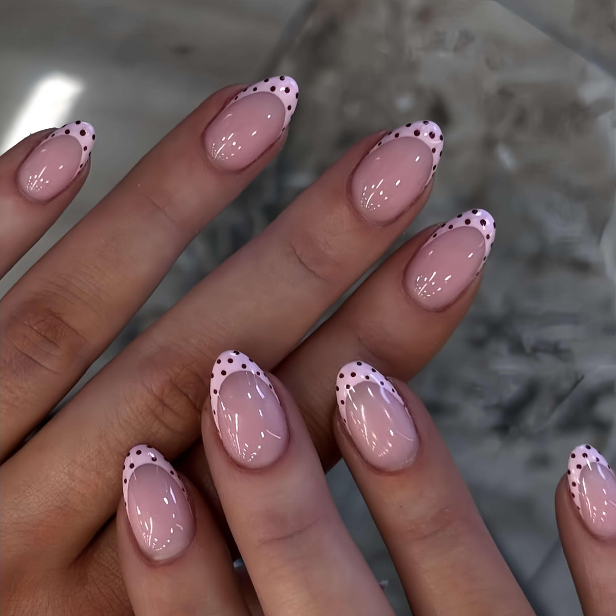 Medium Almond Press On Nails, Milky Nude Fake Nails with White French Tips, Gold Outline Design, Rhinestone and Pearl Accents, Glossy Reusable Glue On Nails for Women Wedding, 24PCS