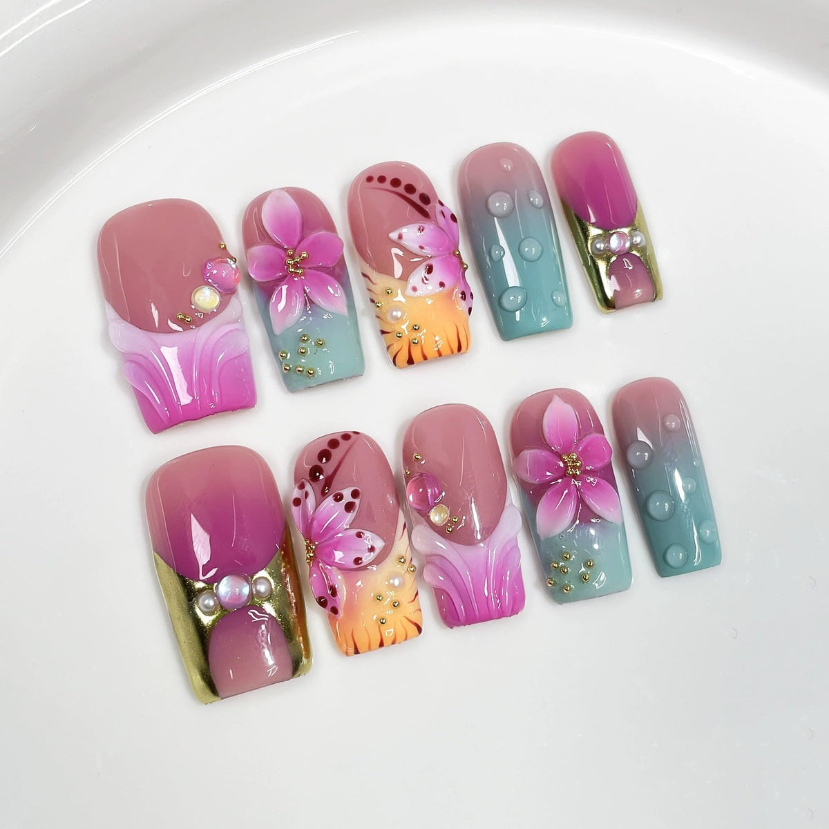 Luxury Handmade Press on Nails Medium Square Fake Nails Blue French False Nails with Ombre 3D Flower Art Design Acrylic Nails Handmade Stick on Nail for Women Manicure 10Pcs (Size M)