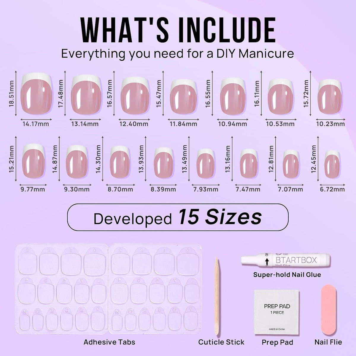 BTArtbox Press On Nails, French Tip Short Square Nails, 32 Pcs Full Kit