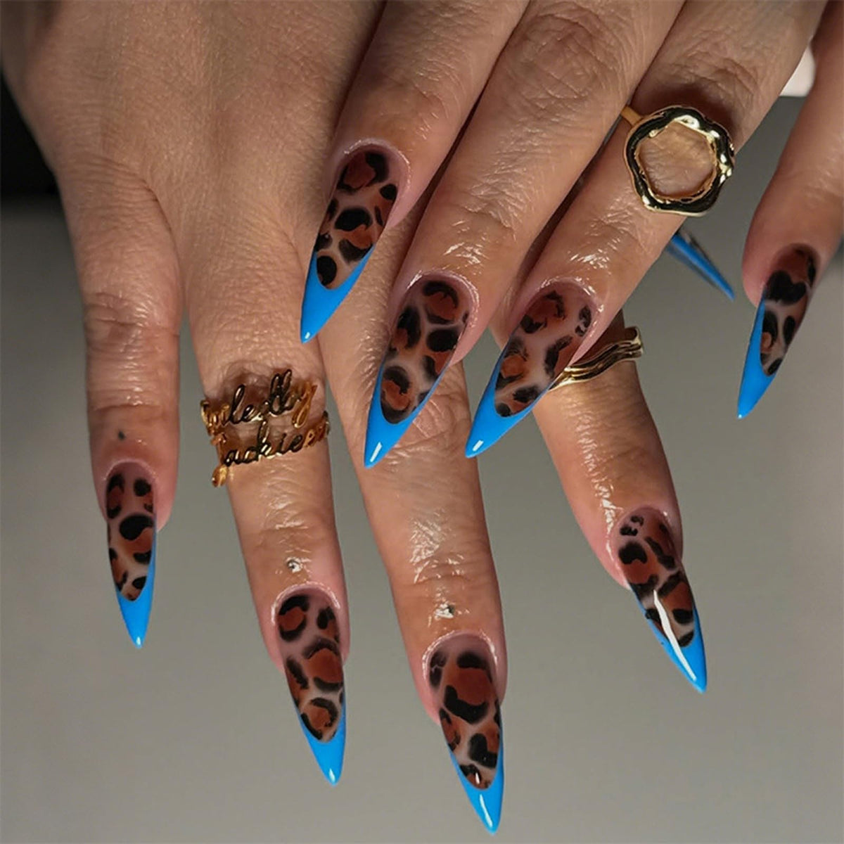 3D Gold Press on Nails Long Stiletto Fake Nails Glossy Nude Blue Full Cover