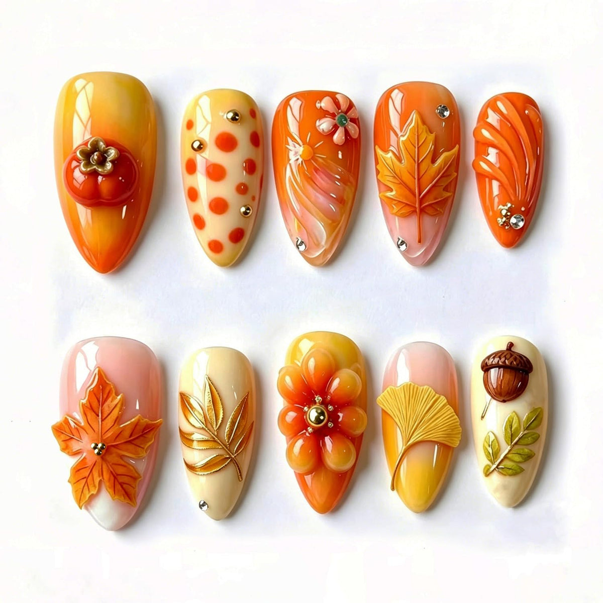 Almond Press on Nails White Flower with Gold Rhinestone Wedding Fake Nails