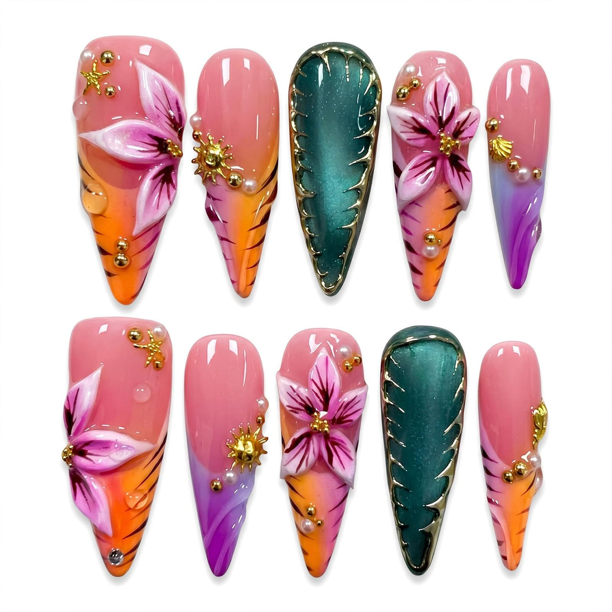 Handmade Press on Nails Long Stiletto - Liquid Gold Abstract Acrylic Fake Nails with Blue Shimmer & Colorful Gems, Luxury Reusable False Nails 10 pcs (Size M)