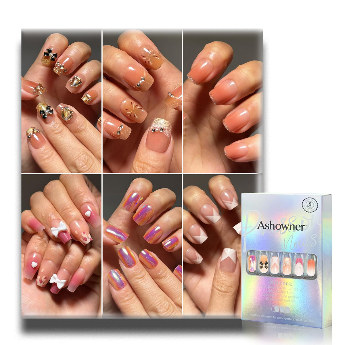 Press on Nails, 6 Packs (144 Pcs) Medium Almond Sets, Wedding French