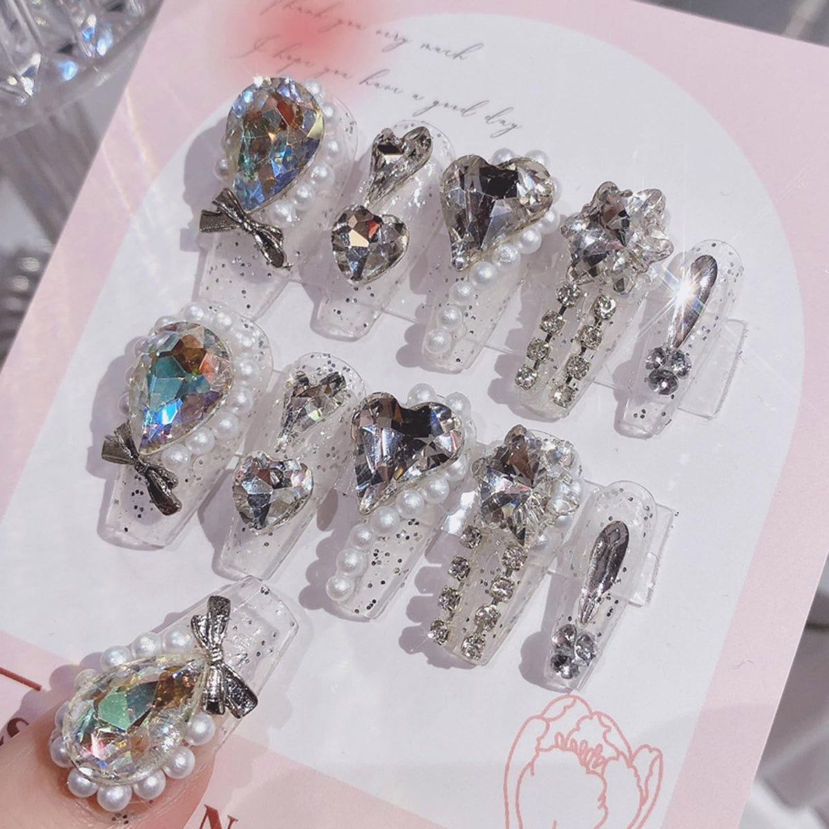 SINHOT Luxury Press on Nails - Long Coffin Fake Nails 3D Handmade Cute Pink Reusable False Nails with Rhinestone Designs,DIY Artificial Nail Art, 24pcs