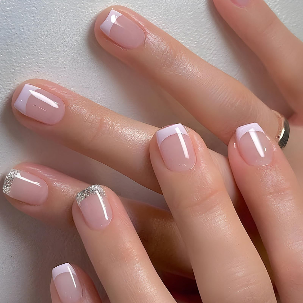 French Tip Press on Nails Glitter Petite Short Square Fake Nails Pink Nude Glossy Design Sparkly False Nails Glue on Nails with Full Cover Acrylic Stick for Women Girls Nail Decorations 24Pcs