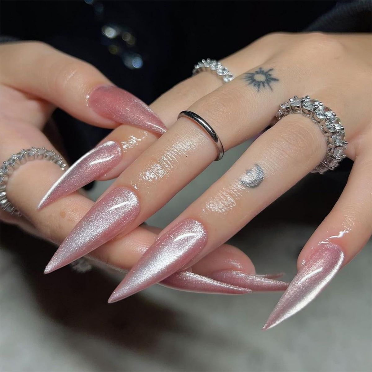 Rhinestone Press on Nails White French Tip Fake Nails with 3D Bow Design Glossy Full Cover Stick on Nail Sparkly Luxury Long Stiletto Nail Press ons for Women, 24Pcs