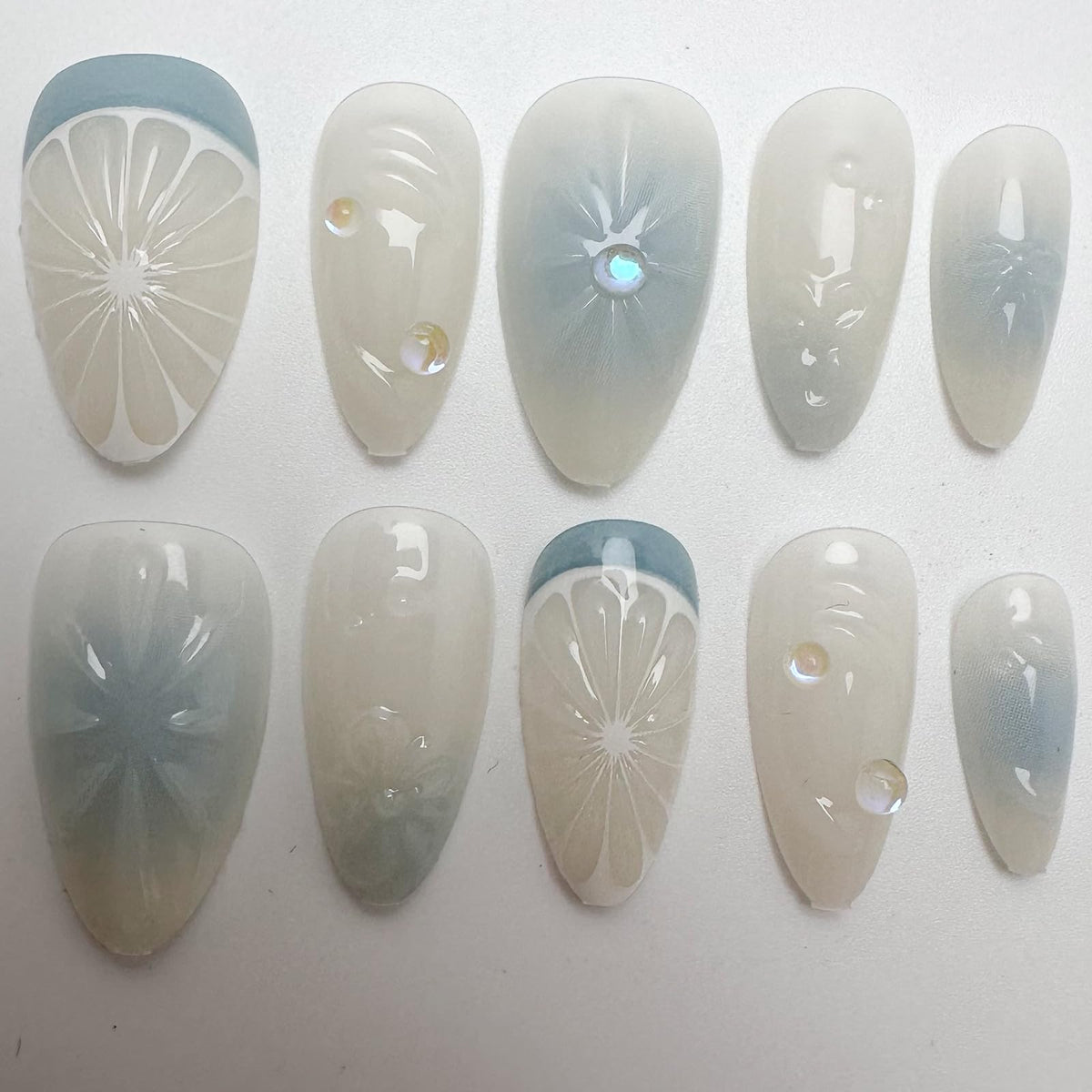 Green Press on Nails Medium Almond Fake Nails with 3D Pearl Rhinestones Designs Gold French Tips Flower Acrylic Nails False Nails White Floral Full Cover Glossy Stick on Nails for Women 24Pcs