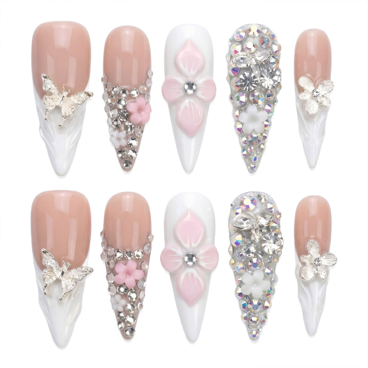 Handmade Press on Nails Long Stiletto - Liquid Gold Abstract Acrylic Fake Nails with Blue Shimmer & Colorful Gems, Luxury Reusable False Nails 10 pcs (Size M)