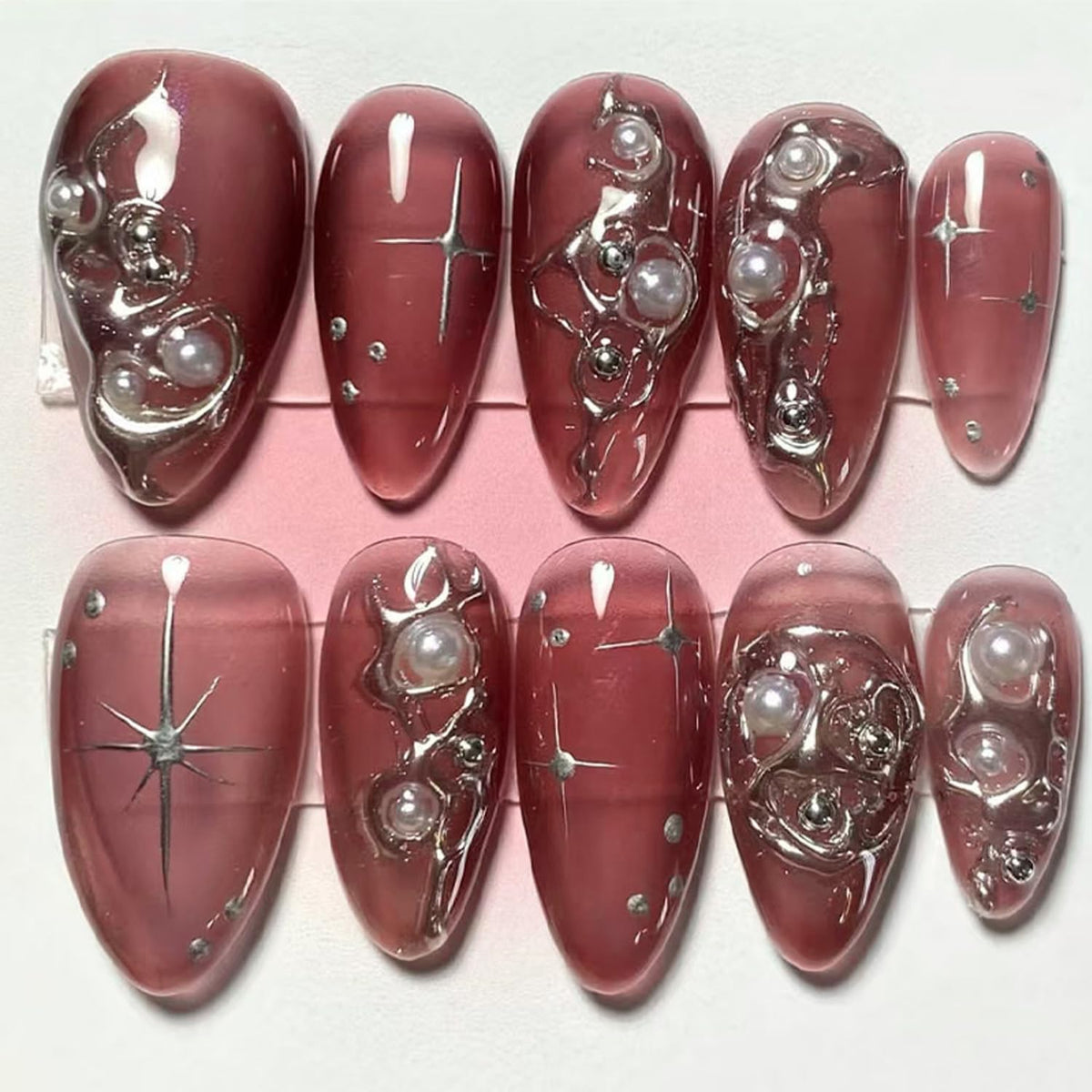 30Pcs Gold Star Moon Press on Nails Long Stiletto French Tip Fake Nails Press on 3D Chrome Gold Design Sun False Nails Irregular Gilded Lines Full Cover Purple Glossy Artificial Acrylic Nail for Women