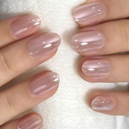 CurvLife Short Oval Chrome Nude Press On Nails, Champagne Pearl, Soft Gel