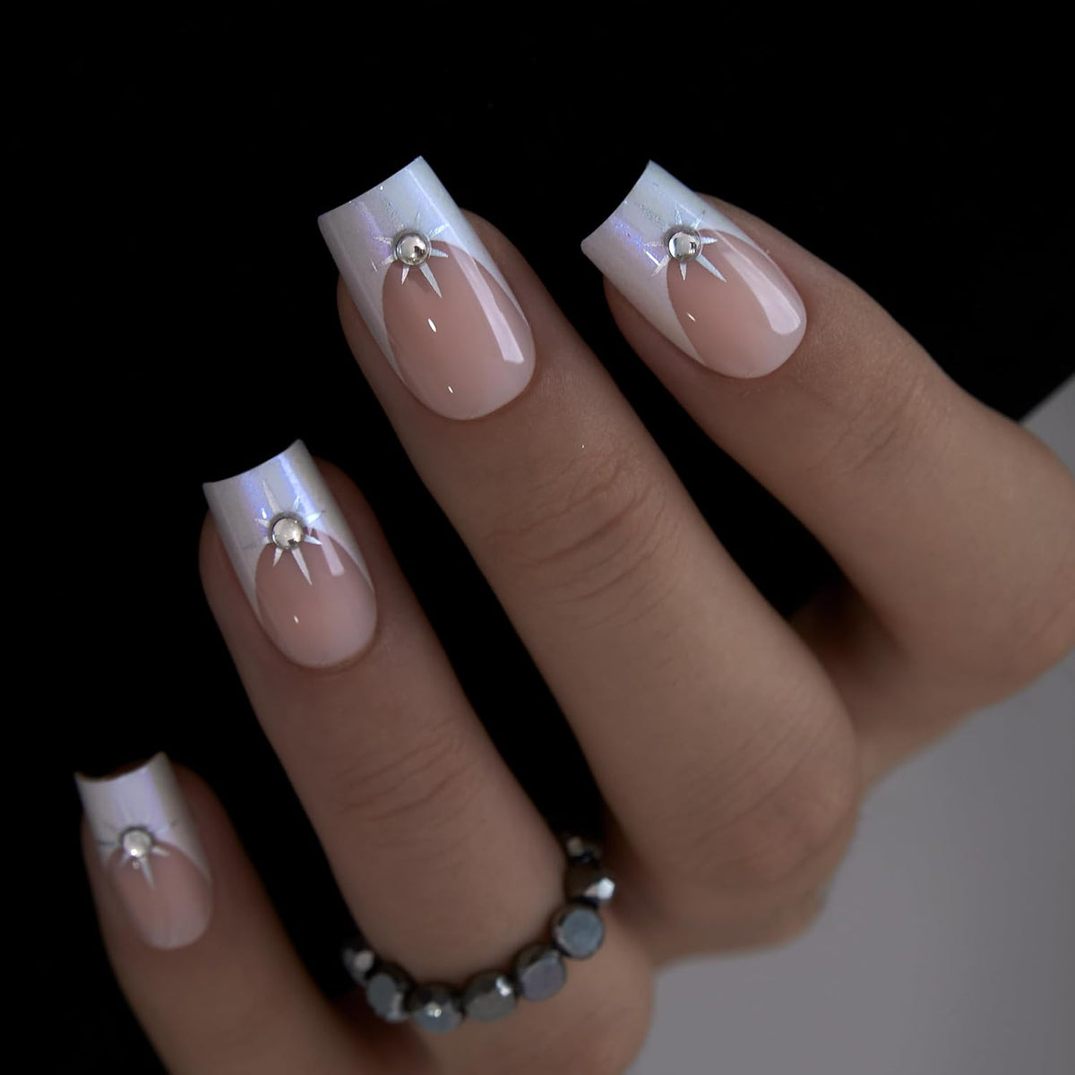 CurvLife Long French Tip Press On Nails, Pearl Rhinestones, Soft Gel