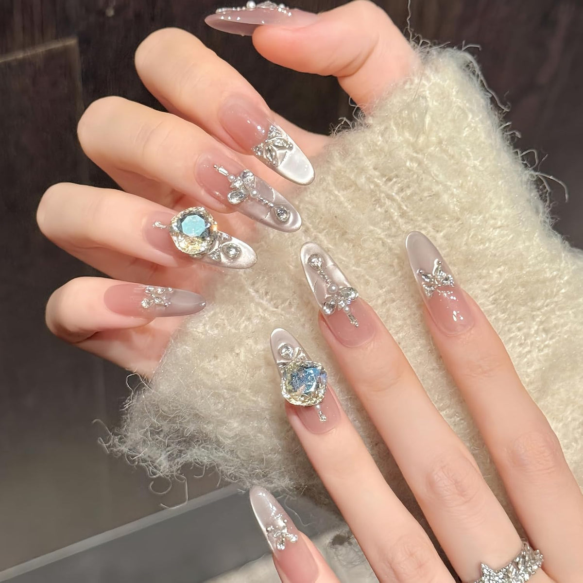 Nude Jelly Press on Nails Long Coffin, Handmade Luxury Rhinestone False Nails with Crystal & Pearl, Glossy Nude Ballerina Fake Nails Reusable Stick On Nails Set for Women 10Pcs