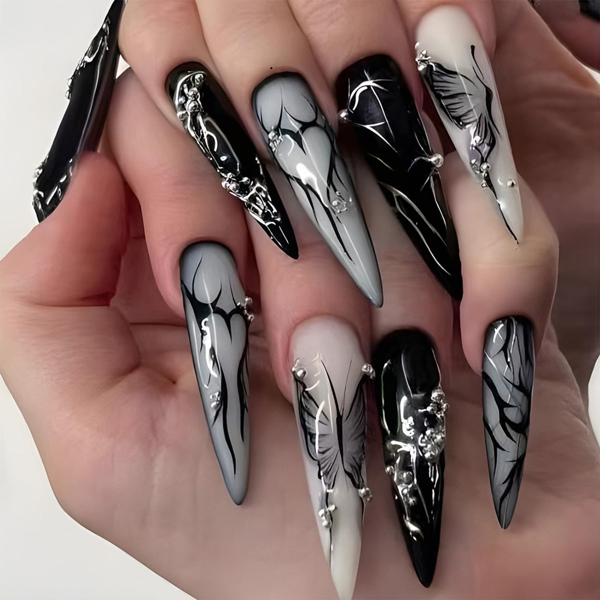 SINHOT Stiletto Press on Nails Long Fake Nails Glossy Glue on Nails Luxury Rhinestones Acrylic Nail White Bling Glitter Almond Artificial Nail Stick on False Nail with Design 24pcs