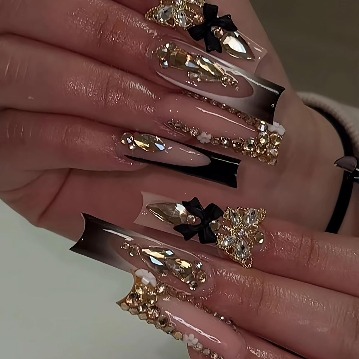 BABALAL Press On Nails Long Square Fake Nails Nude Pink White French Tip Lace Pearl Rhinestone Glossy Bridal Wedding Glue On Nails 24Pcs