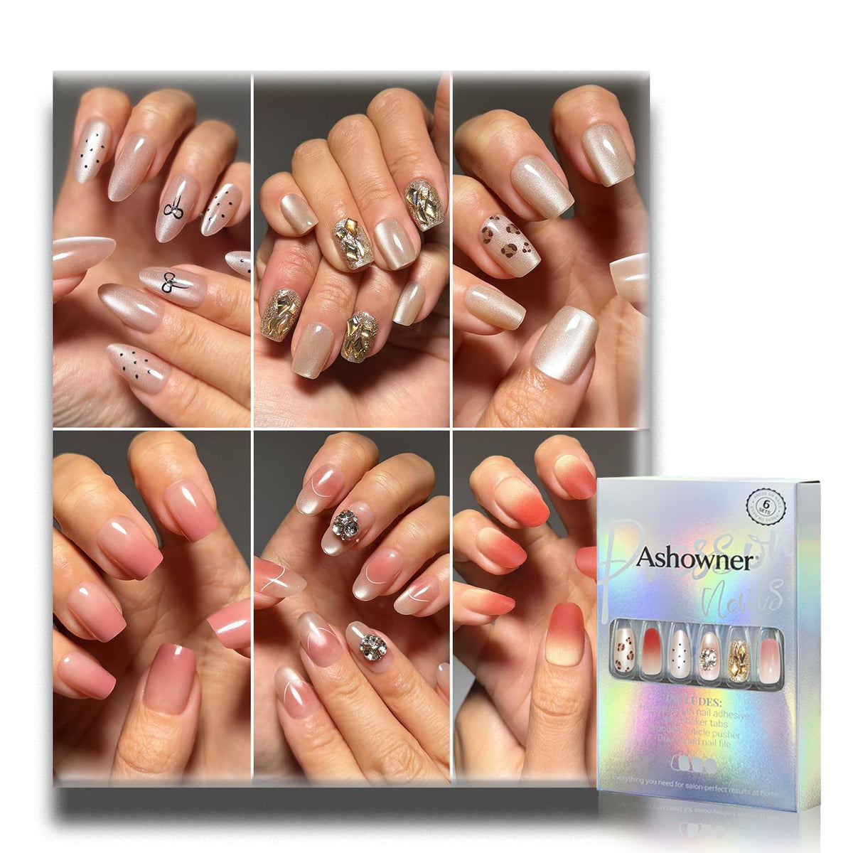 Press on Nails, 6 Packs (144 Pcs) Medium Almond Sets, Wedding French
