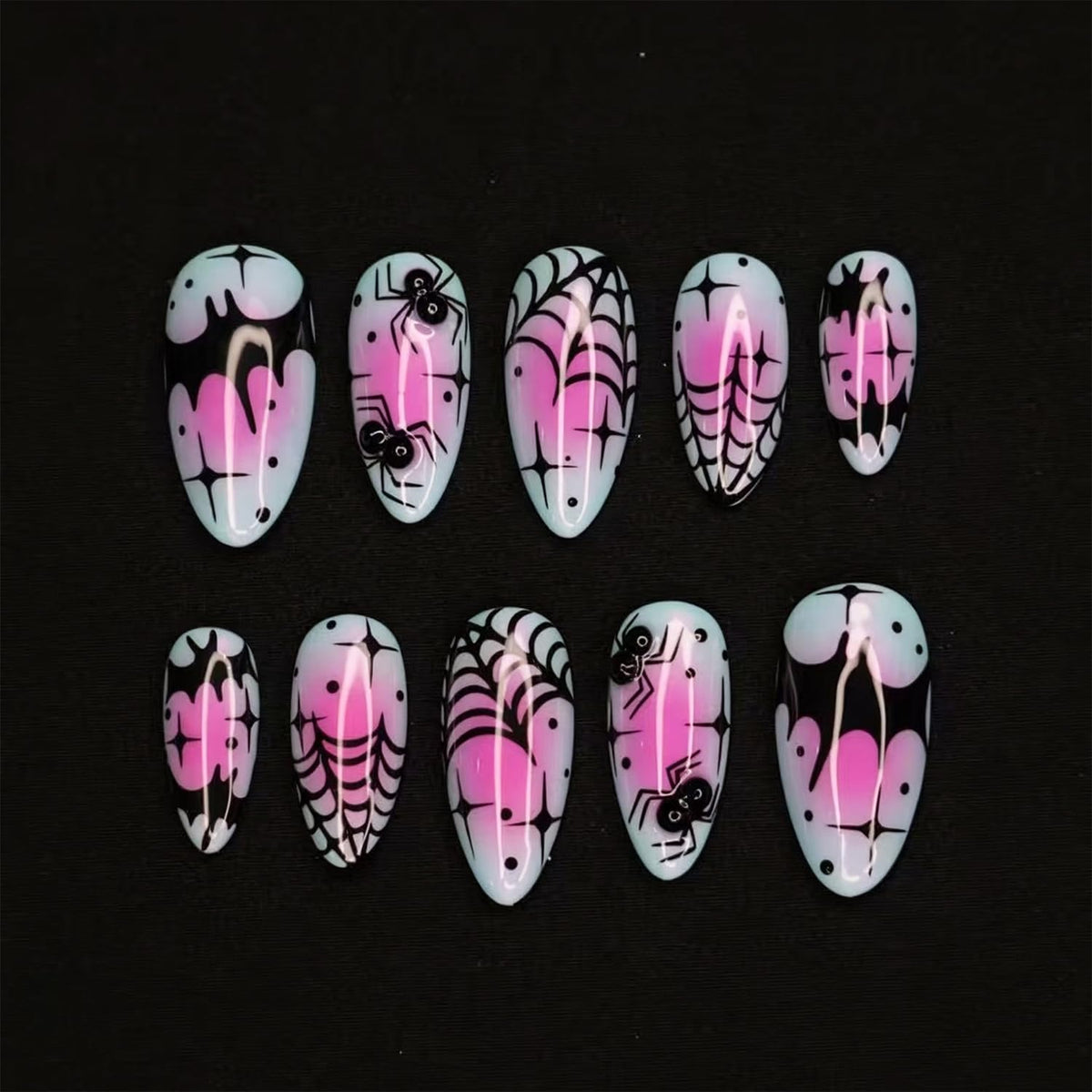 24Pcs White Flower Press on Nails Gold Bead Star French Tip Fake Nails