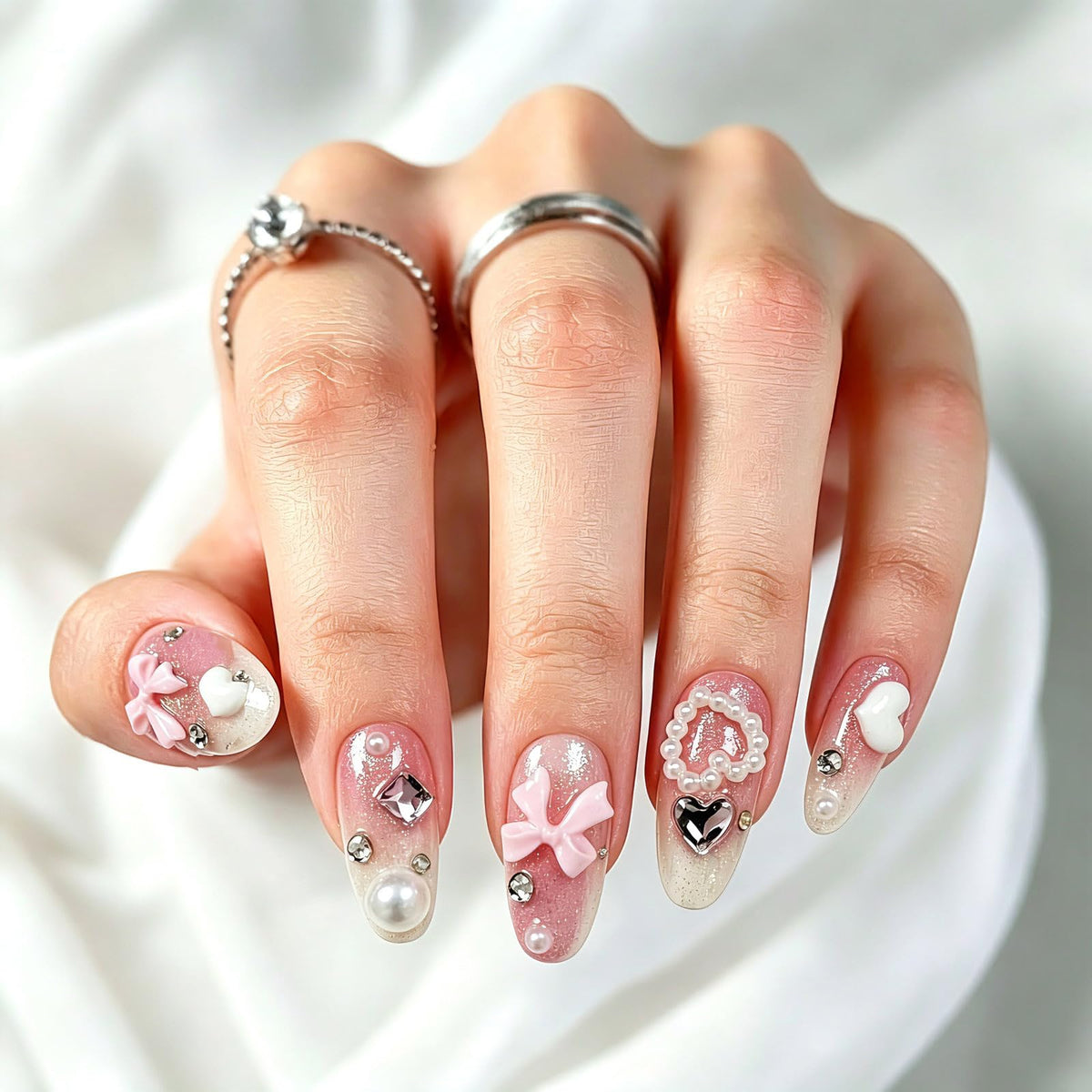 Handmade Almond Press on Nails, Abstract 3D Floral Gold, 10Pcs