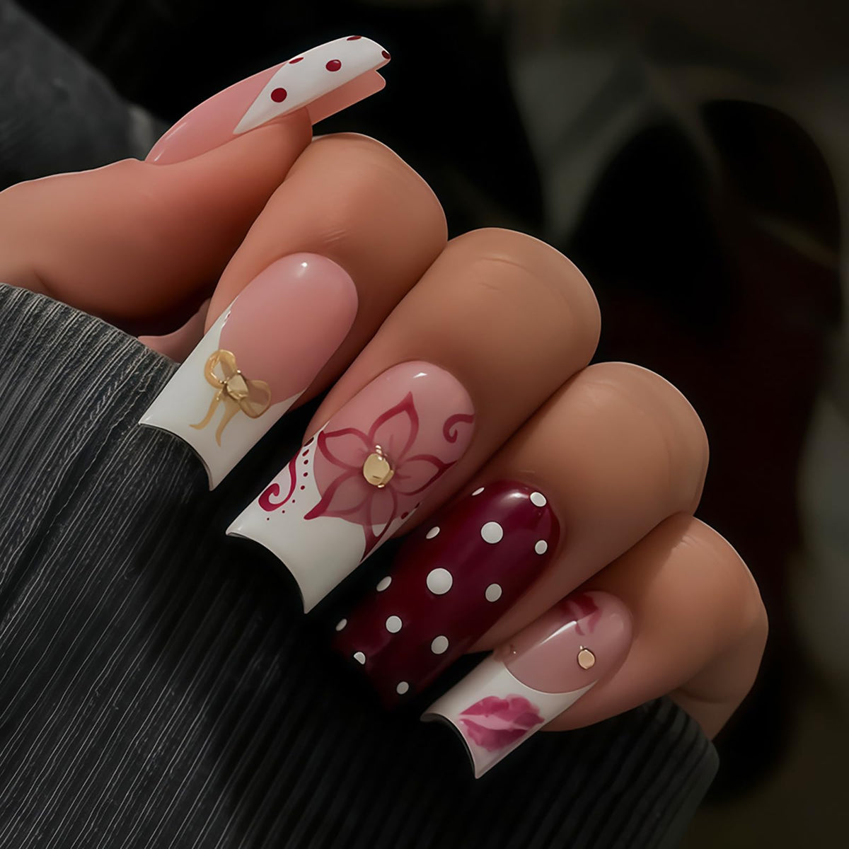 24Pcs Long Square Nude Pink White Nails Press ons Pearl Gold Flower Fake Nails Elegant False Nails Bridal Nails Glue on Luxurious Stick on Nails Casual Work for Girl Women Wedding Formal Occasions
