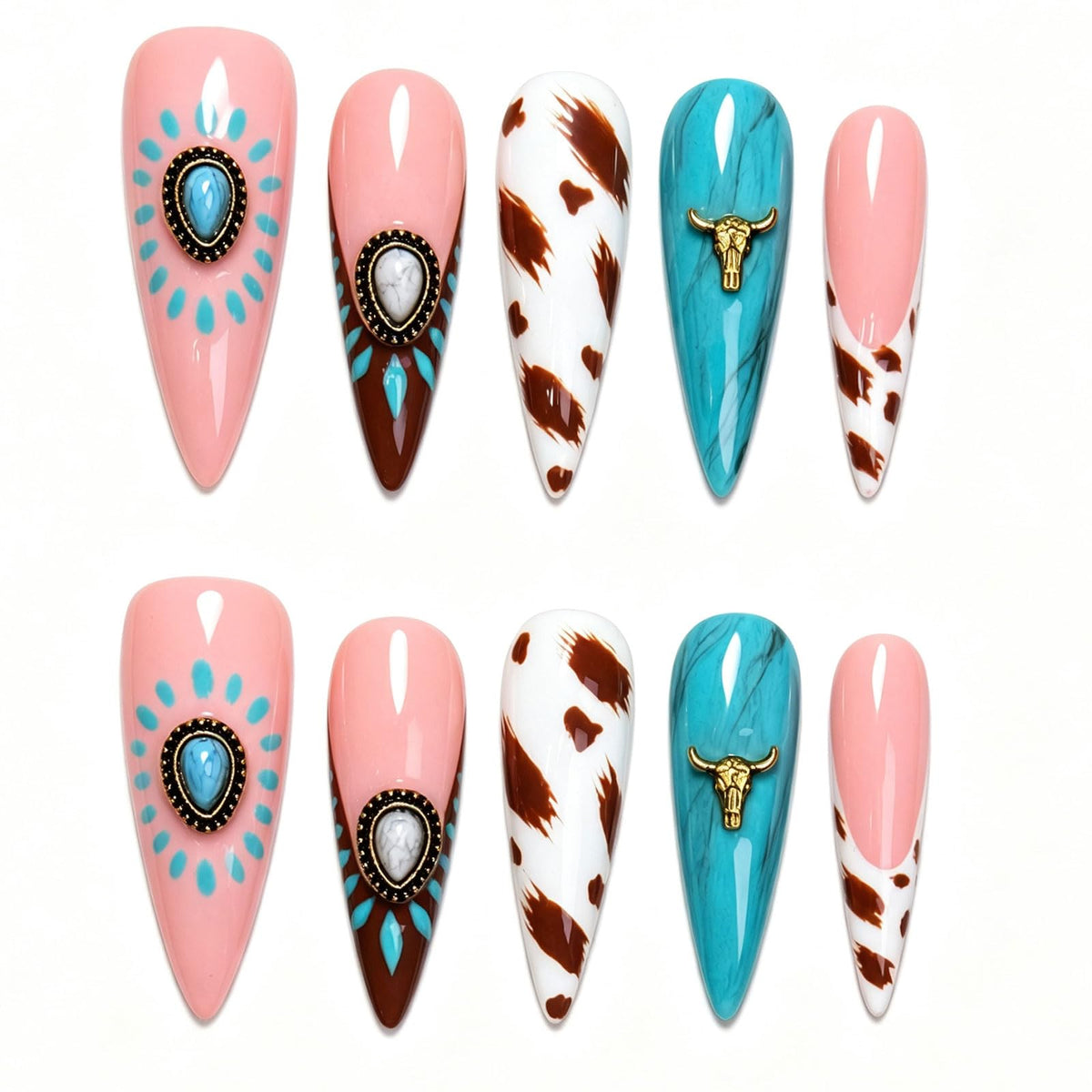 Handmade Press on Nails Long Stiletto - Liquid Gold Abstract Acrylic Fake Nails with Blue Shimmer & Colorful Gems, Luxury Reusable False Nails 10 pcs (Size M)