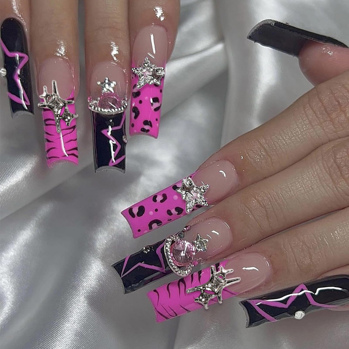 MISUD Press on Nails - Extra Long Square Glue on Nails with French Tip, Acrylic Dollar Money Rhinestone Design 24 pcs