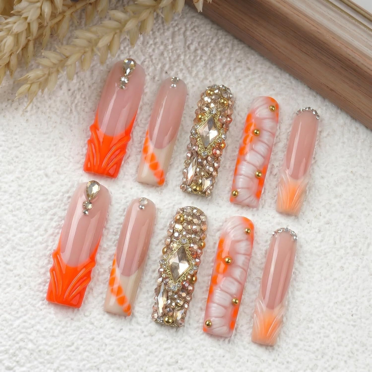 Handmade Press on Nails XL Long Square - Extra Long Orange French Acrylic Fake Nails with 3D Sculpted & Luxury Crystal Gems, Luxury Baddie Reusable False Nails 10 Pack (Size M)