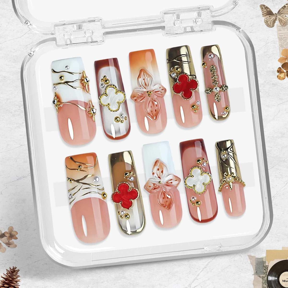Luxury Baroque Press-On Nails 10pcs, Handmade Long Square Acrylic Nails with Sculpted Gold Relief, Gemstone Heart Charms & Pearl Details, Vintage Green Brown Glossy Design for Statement Style – Appife