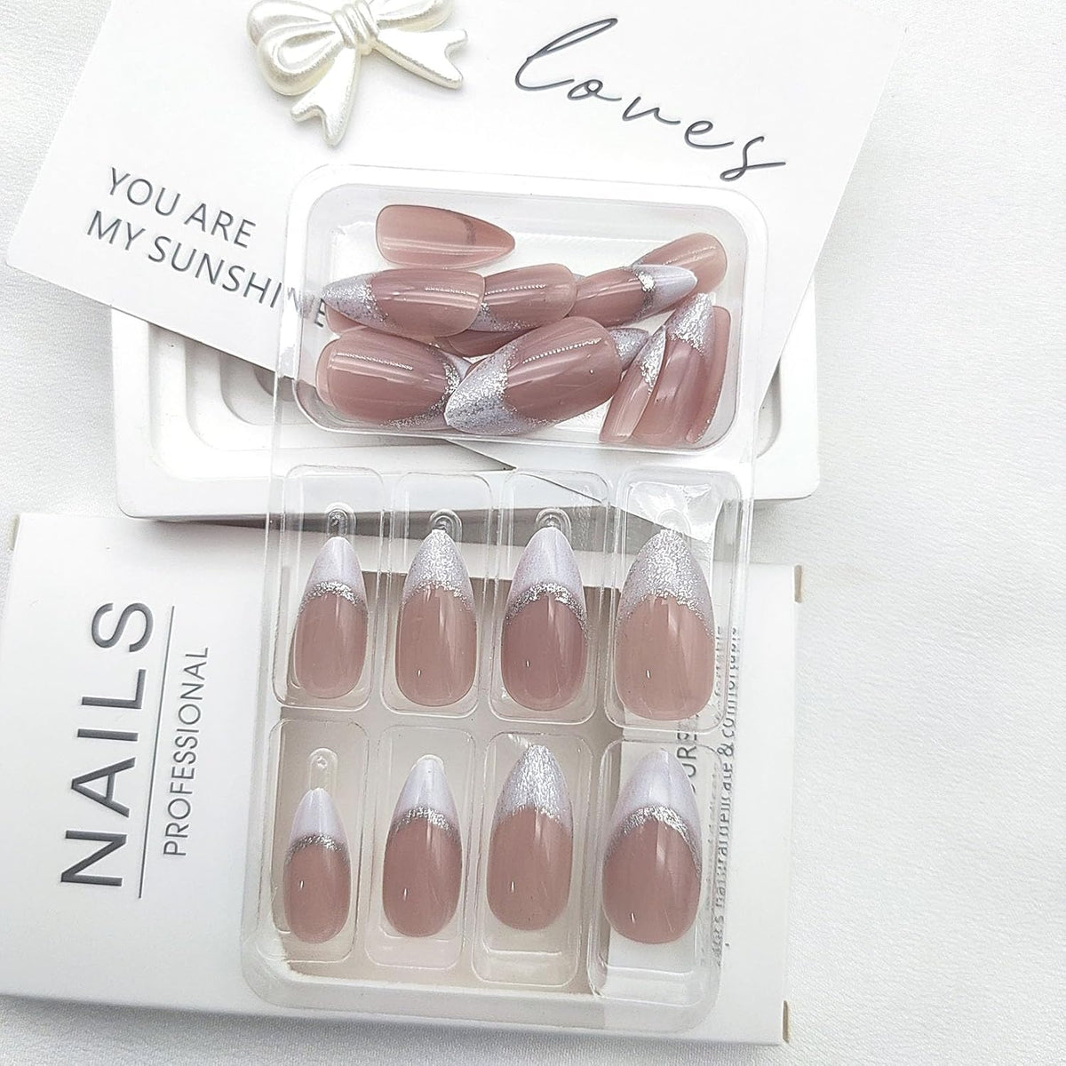 White French Tip Press on Nails Almond Medium Fake Nails with Silver Glitter Designs Nails Press ons Nude Glue on Nails Glossy Acrylic Nails Simple Stick on Nails for Women 24Pcs