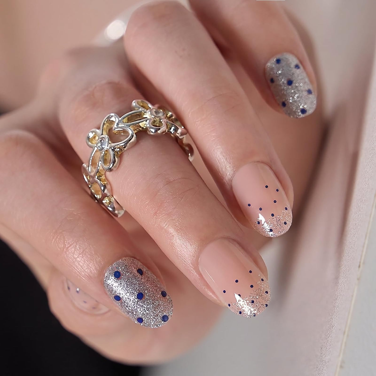 CurvLife Short Oval Chrome Nude Press On Nails, Champagne Pearl, Soft Gel