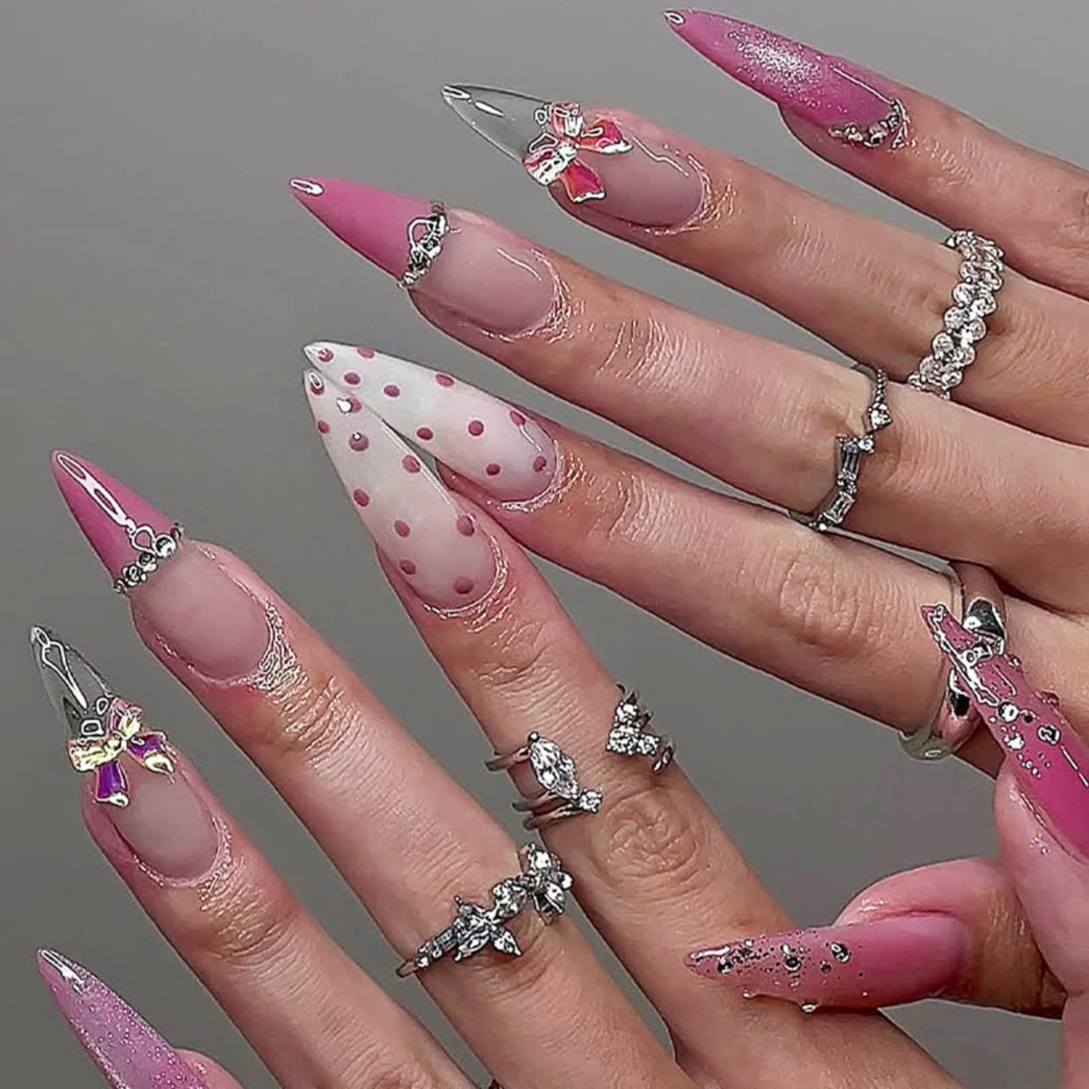 Rhinestone Press on Nails White French Tip Fake Nails with 3D Bow Design Glossy Full Cover Stick on Nail Sparkly Luxury Long Stiletto Nail Press ons for Women, 24Pcs