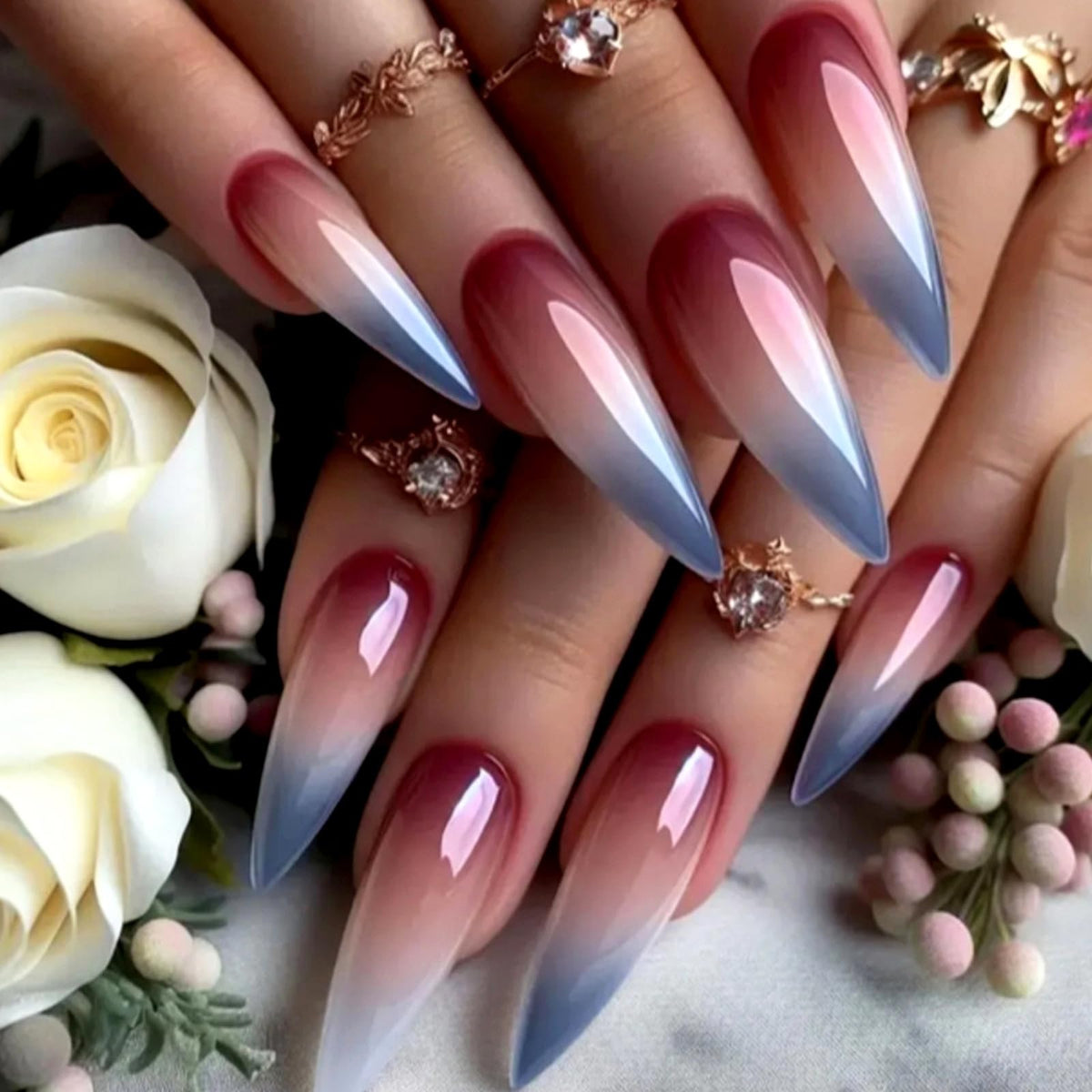 MISUD Press on Nails - Long Stiletto Fake Nails with Bling Glitter, Acrylic Luxury Rhinestone Design 24 pcs
