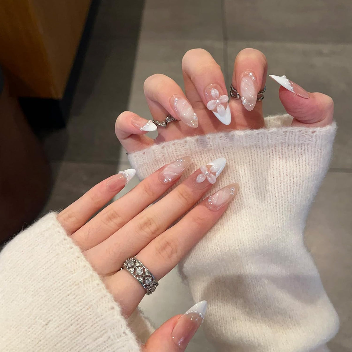 Handmade Press On Nails – Short Almond False Nails for Women, Reusable Acrylic White French Tip with Pearl & 3D Flowers Design – Salon Quality Fake Nails (10PCS Size S)