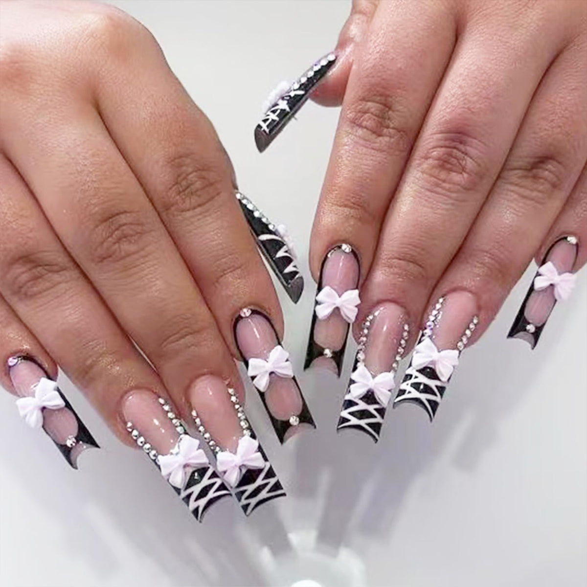 Long Square Press on Nails Bling Gold Chain & Crystal Nails,Fake Nails Artificial Stick on Nails for Women, Nude Pink Glam Prom Wedding Nails with Diamonds