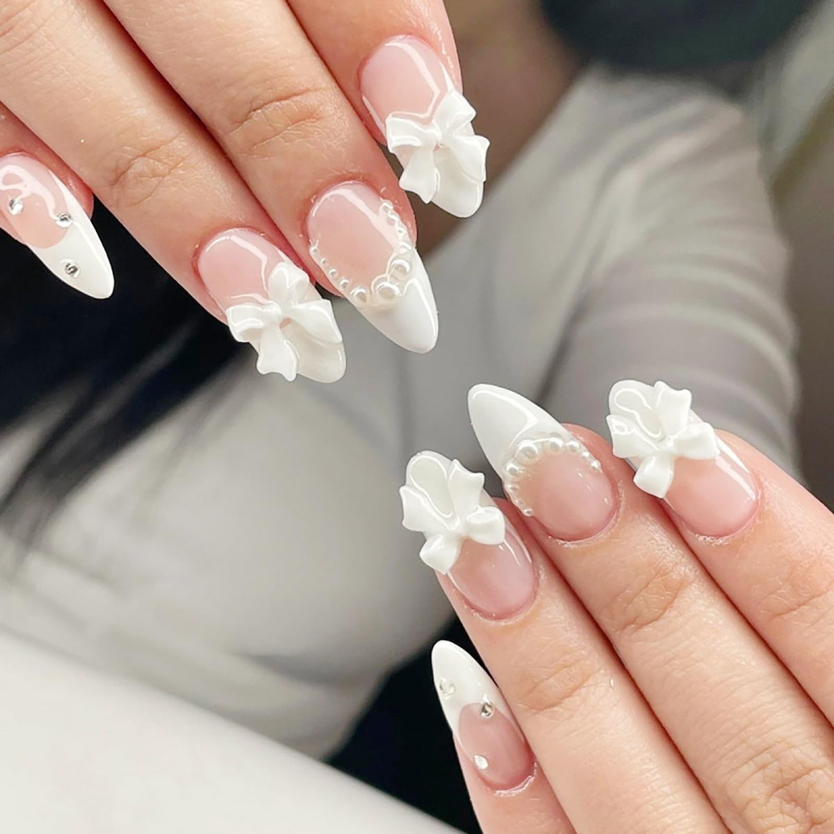 Summer Press on Nails Almond Pink Floral Shell Pearl Gold Dot Fake Women