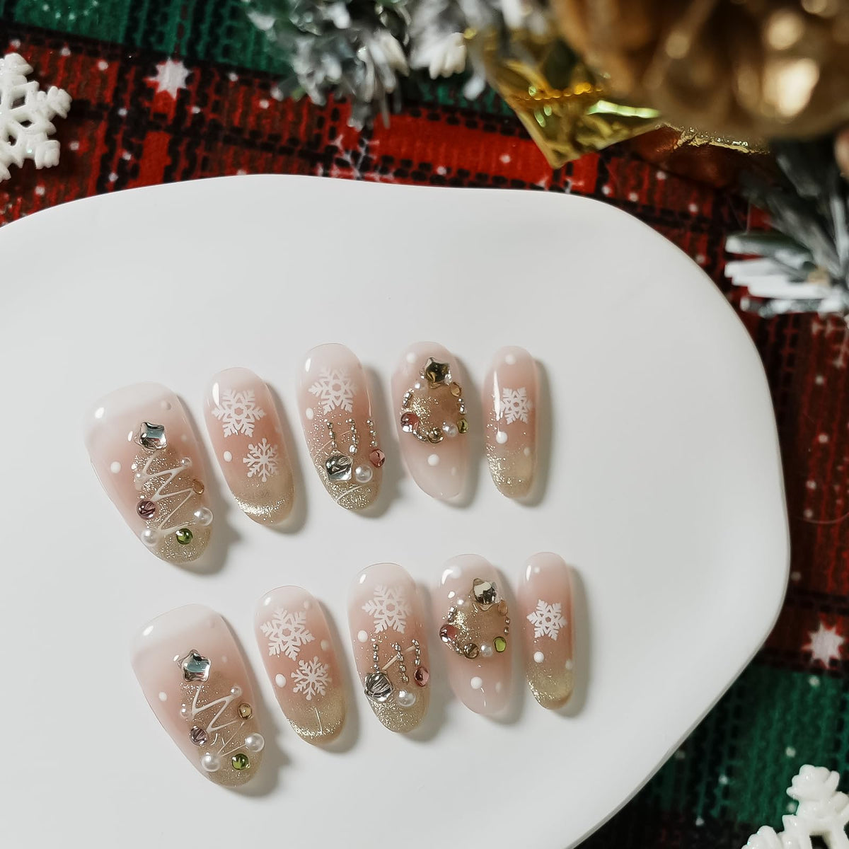 Gothic 3D Floral Press on Nails Medium Almond - Gold Cross & Rhinestone Design, Handmade Pearl Luxury Dark Romantic Reusable Nails (Orange Diamond Sweet Luxury,L)